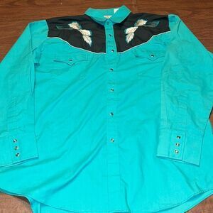 Vintage Teal /Black ELY Diamond embroidered  Western Shirt L